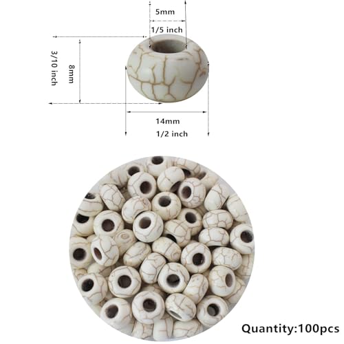 Large Hole Turquoise White Beads for Bracelet 100pcs European Gemstone Beads Howlite Rondelle Space Craft Beads for Pens-DIY Charms-Jewelry Making (White Large Beads) - color: White Large Beads