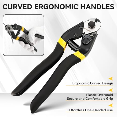 GRENPRO Cable Cutter, 7-1/2 Inch Heavy Duty Wire Rope Cutter, Chrome Vanadium Steel Jaw, For Hard Wire Ropes, Steel Wires And Aircraft Cables
