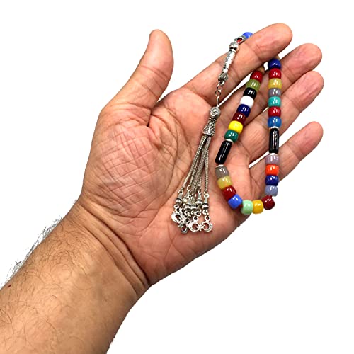Simple Designed Natural Stone Worry Beads - Prayer Beads Tesbih-Tasbih-Tasbeeh-Misbaha-Subha-Sebha-Sibha-Rosary (Multi Color Resin Drum -8X6 mm- 33 Beads) - color: Multi Color Resin Drum -8X6 mm- 33 Beads