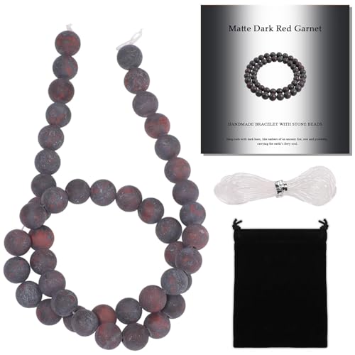Stone Beads, 45pcs Matte Dark Red Garnet, 8mm Round Loose Beads for Jewelry Making, Bracelets, with Bag, String & Card - color: Matte Dark Red Garnet, size: 8mm