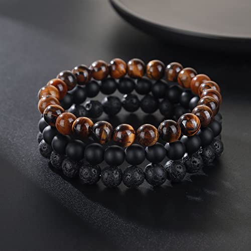 RANKEEF Tiger Eye Bracelet For Men 8MM Natural Stone Stretch Adjustable Black Crystal Beaded Bracelet for Men Women Gifts - color: 3 Lava, tigers-eye, black-onyx