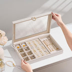 bussdis Glass Lid Jewelry Organizer Box – Beige Velvet Jewelry Case with Ring Slots, Necklace Hooks & Removable Compartments for Earrings, Rings & Bracelets - color: Beige