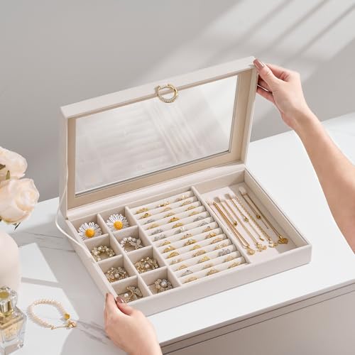 bussdis Glass Lid Jewelry Organizer Box – Beige Velvet Jewelry Case with Ring Slots, Necklace Hooks & Removable Compartments for Earrings, Rings & Bracelets - color: Beige