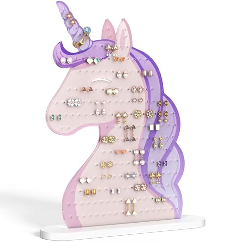 NiHome Acrylic Unicorn Earring Holder with 214 Holes, Colorful Smiling Unicorn Jewelry Display Stand for Teens & Women,Stud & Dangle Earring Organizer with Anti-Slip Pads (Purple Printing) - color: Purple Printing
