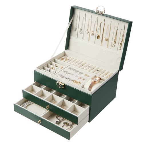 3 Layer Jewelry Box with Lock, Women Large Jewelry Holder Organizer with Drawer for Necklaces, Rings, Bracelets, Earrings, Watches, Valentines Gift for Mom Girl Wife (Green) - color: Green
