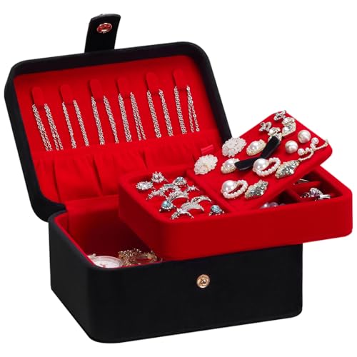 Homde Jewelry Box Small for Women: Ring Earring Organizer Storage for Dresser - Necklace Bracelets Holder with Multi Compartments(Black + Red) - color: Black + Red