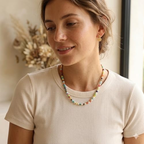 Handmade Natural Gemstone Beaded Necklace for Women, Cultured Freshwater Pearl Choker with Adjustable Extension Chain, Boho Healing Crystal Jewelry Collection - color: g Colorful