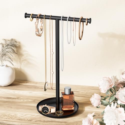 Necklace Organizer Stand with Storage Tray - 12.6" Tall T-Shaped Jewelry Holder Stand for Bracelets, Earrings, Rings | Stylish Home & Vanity Décor for Women, Black. - color: Black