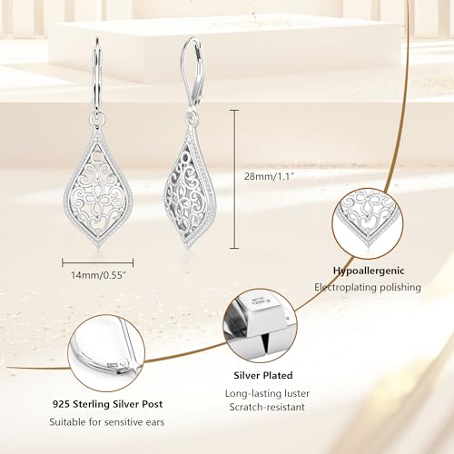 925 Sterling Silver Dangle Earrings for Women, 14K Gold Plated Filigree Dangling Leverback Earrings, Geometric Hypoallergenic Lightweight Dangly Drop Earings for Women Trendy Jewelry Gifts - color: C-Silver
