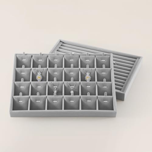 Stackable Jewelry Trays, Velvet Earring Box,Premium Necklace Box,Luxury Jewelry Display Case,Grey Pendant Trays - color: Grey, size: 24 Grid Pendant Tray