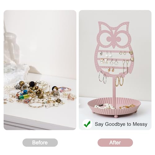 NIKKY HOME Earring Holder Hanging Organizer Stand Metal Jewelry Tree Table Top Owl Ear Stud Holder Tower Rack with Ring Tray for Girls (134 Holes), Pink - color: Pink