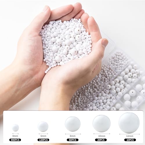1200Pcs White Beads, Acrylic Pony Beads, 4/6/8/10/12mm Round White Bead for Bracelets, Spacer Pearl Beades, Craft Bead for Bracelet Necklace Jewelry Making - color: white