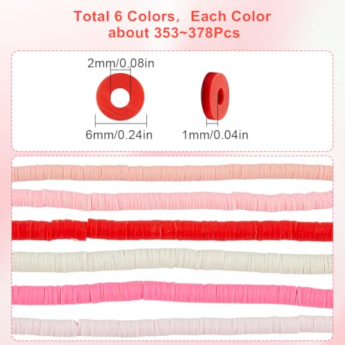 SUNNYCLUE 1 Box 2118pcs 6 Strands 6mm Polymer Clay Beads Pink Clay Beads Bulk Flat Round Spacer Funtopia Heishi Disc Strand Bead Bulk for Jewelry Making Valentine's Day Earring Bracelet DIY Crafts - style: Style 1