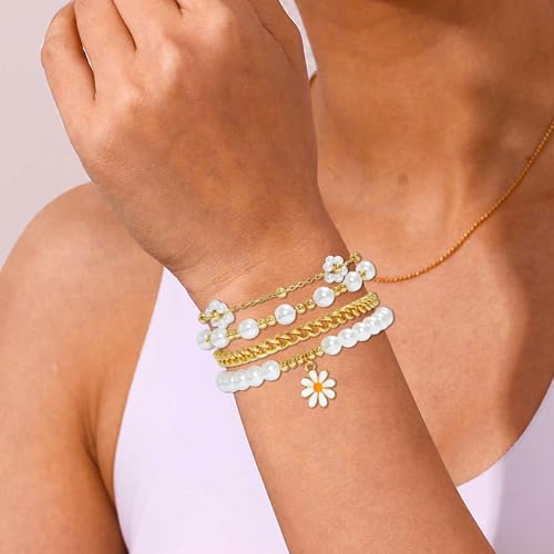 RISHEGAE Heishi Beaded Stretch Bracelets for Women Stackable Polymer Clay Beads Bracelets Friendship Boho Summer Beach Bracelet Jewelry Set - color: B-White Daisy 1