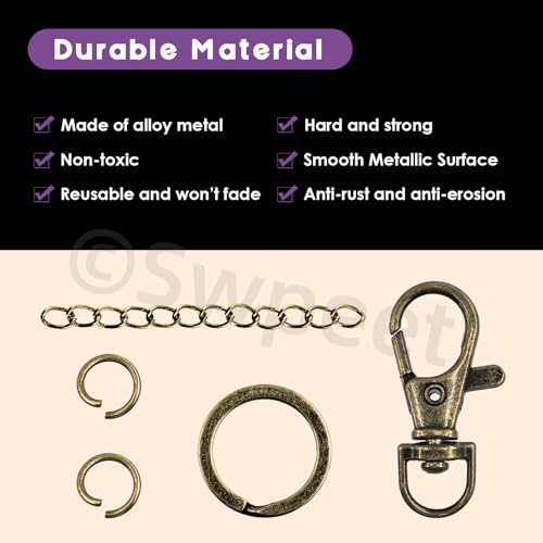 Swpeet 125Pcs Bronze Keychain Making Set, 25Pcs Swivel Lanyard Snap Hook, 25P Keychain Ring, 25P Extender Chains, 50P Open Jump Rings, Swivel Lobster Clasps, Keychains Clips - color: Qinggu