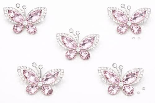 Syntego 5pcs Crystal Butterfly Flat Back Rhinestone Embellishments – Grade A Diamante Craft Decorations | Sparkly Butterfly Gems for Wedding, DIY Crafts, Cards, Scrapbooks, and Home Décor - color: Pink