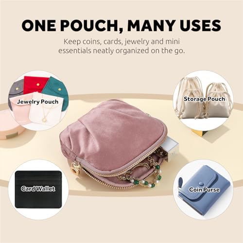 Velvet Travel Jewelry Pouch, 2-in-1 Clamshell Case with Detachable Insert, Portable Travel Jewelry Organizer with Wrist Strap, Converts to Mini Coin Purse, Gift for Women & Girls (Dusty Pink) - color: Dusty Pink