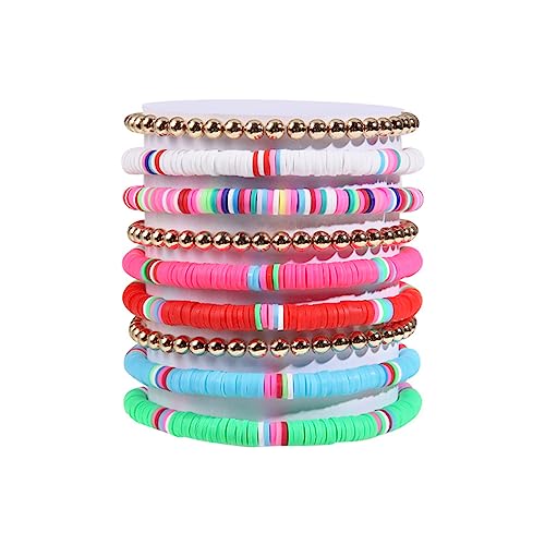 COLORFUL BLING 5-12Pcs Bohemian Love Heart Bead Bracelets for Women Vinyl Disc Heishi Surfer Stackable Stretch Bracelet Summer Beach Boho Jewelry - color: 9pcs gold beads