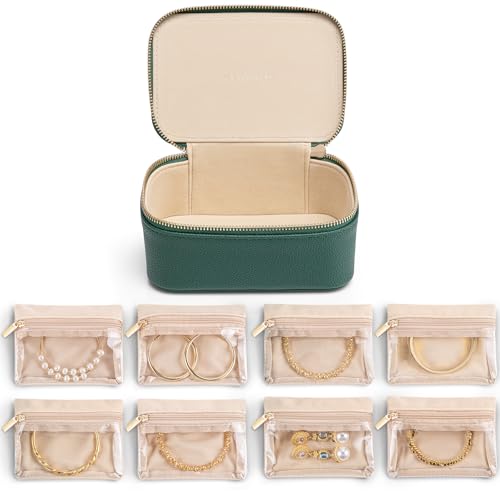 VLANDO Jewelry Box with 8 Velvet Jewelry Bags Travel Jewelry Storage Box Petal Hardware Jewelry Organizer for Necklace Rings Earrings Women Gifts for Christmas Birthday-Green - color: 8PCS-Green