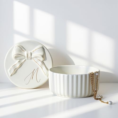 COLLECTIVE HOME Monogram Initial Jewelry Box with Bow - Elegant Ring Holder & Earring Dish | Christmas Gift Idea for Women, Unique Birthday Present for Her (M) - color: M