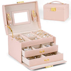 Jewelry Box for Girls Women, 3-Layer Jewelry Organizer with Mirror and Portable Handle, Small Jewellery Organizers for Young Women, Teenage Girl, 17.2 x 13.5 x 12.5 cm Pink