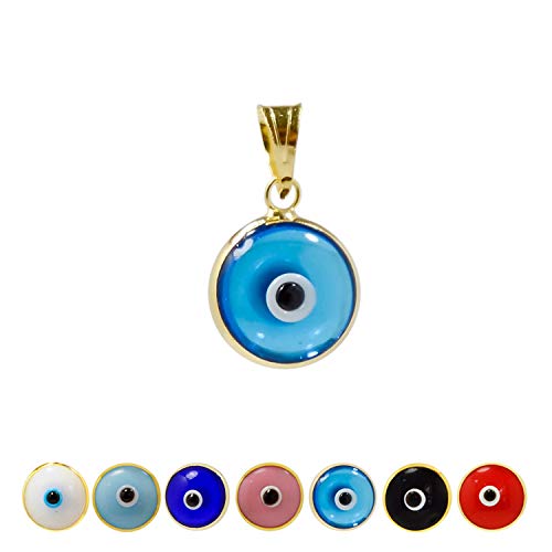 MIZZE Made for Luck Gold Plated 925 Sterling Silver 10 MM Round Glass Evil Eye Charm Pendant - 7 Colors to Choose from - color: Transparent Light Blue