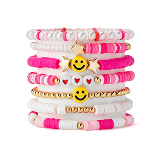 LieToi Preppy Heishi Bracelets Set Colorful White Gold Smile Heart Star Evil Eye Beaded Polymer Clay Pearl Stackable Charm Y2K Kidcore Summer Beach Bohemian Layering Bracelets Jewelry for Women Girls Teens - color: Hot Pink
