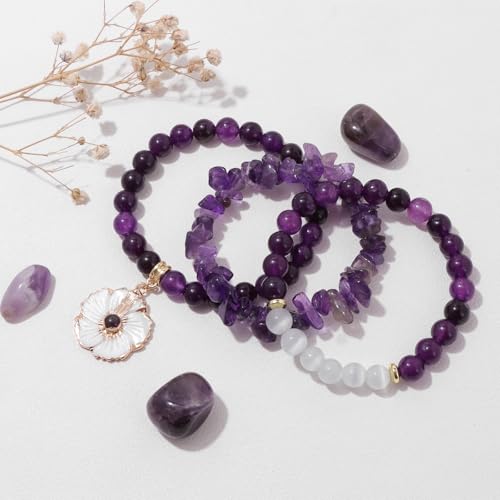 Vinswet Healing Crystal Beaded Bracelets for Women,Natural Amethyst Gemstones Bracelet,Anxiety Stress Relief Heart Charm Bracelet Handmade purple Jewelry Gifts for Women - color: Amethyst&Flower