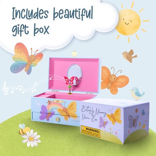 The Memory Building Co Butterfly Musical Jewelry Box Plays Classic Melody, Storage Organizer Music Box for Kids Ages 6-12, MDF Wood w/ 2 Fabric Lined Ring Bracelet Necklace Treasure Compartments - style: Butterfly