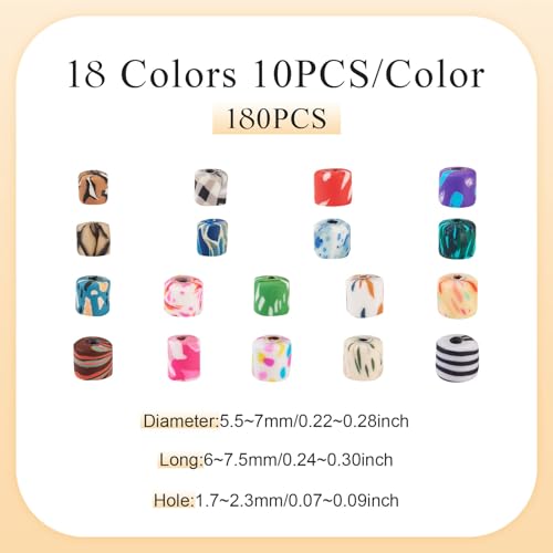 180 Pcs 18 Styles Clay Column Beads Tube Printed Beads Cylinder Loose Spacer Craft Beads Bulk for Bohemian Jewelry DIY Friendship Bracelet Women Necklace Earring Accessory 5.5-7 mm