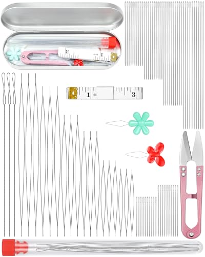 FIVEIZERO 87 Pcs Beading Needles Set – 3 Types: 6 Sizes Big Eye Seed Bead Needle & 6 Sizes Long Straight, Collapsible Twisted Flexible Needle, Beading Needles for Jewelry Making - color: silver-87PCS