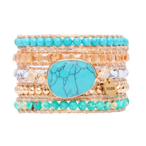 YGLINE Women Boho Handmade Natural Stone Crystal Leather Bead Wrap Bracelets Collection - color: Turquoise