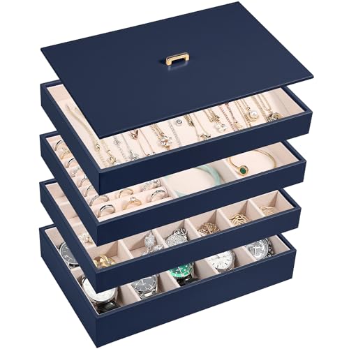 Voova Stackable Jewelry Organizer Tray with Lid, PU Leather Jewelry Storage Holder for Drawer Inserts, Jewellery Display Box Case for Earring Necklace Ring Watch Bracelet (Set of 4, Navy Blue) - color: Navy Blue