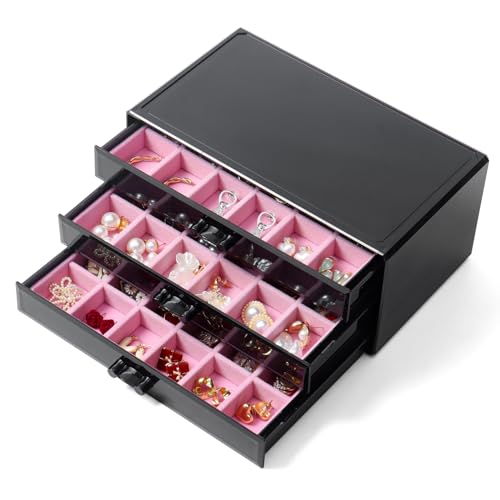 YUFONG Earring Organizer Box Acrylic Jewelry Organizer with 3 Drawers 54 Adjustable Grids Clear Stackable Earring Holder Velvet Trays Ring Display Case for Women Girls (Black Pink) - color: Black Pink