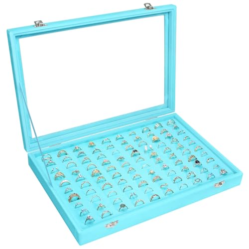 Siveit Velvet Ring Display Tray Organizer Box with Transparent Lid, 100 Slot Ring Holder Showcase For Store Display Jewelry Show Home, Ring Organizer For Rings Earrings (Light Blue) - color: Light Blue