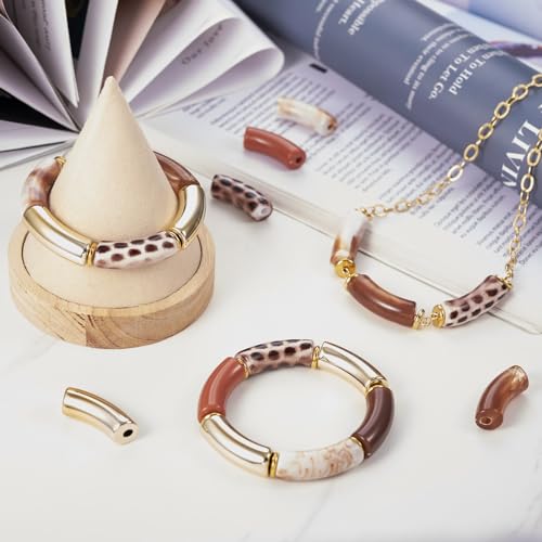 Spritewelry 70pcs Acrylic Curved Tube Beads for Bracelets Making Chunky Bamboo Tube Beads Noodle Curved Beads Bangle Acrylic Tube Beads for Jewelry Making Earring Necklace Crafts Kits - color: Brown-70PCS