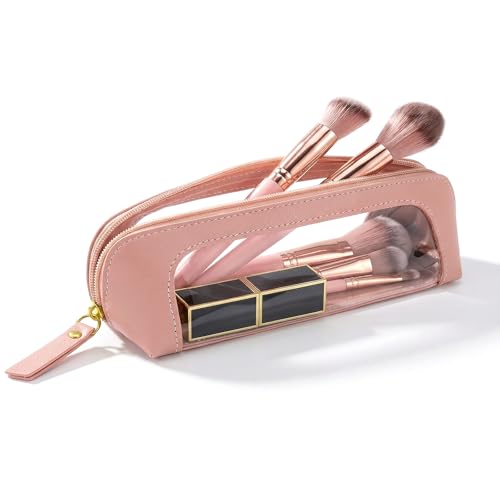LETGO Clear Travel Makeup Brush Bag, Leather Portable Makeup Brush Bag Organizer Pouch Lipstick Bag Transparent Waterproof Makeup Bag Pink Car Orangizer Storage Bag for Girls(Slim Pink) - color: Slim Pink