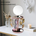 360° Rotating Sunglasses Organizer With Mirror, Metal Glasses Holder Stand, Sunglass Storage Display Eyewear Eyeglasses Rack with Tray for Desk Nightstand Dresser Table Countertop Bedroom, Rose Gold