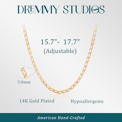 Dremmy Studios Dainty Gold Choker Necklace for Women 14K Gold Plated Coin Disc Figaro Layered Beaded Flat Mariner Sideways Cross Wishbone Link Clavicle Necklaces - style: 3.8mm Flat Chain