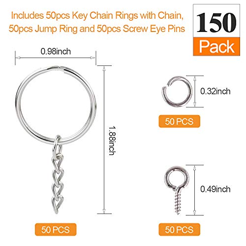 150PCS Key Chain Rings Kit, 1inch Rings Supplies 50PCS Key Ring with Chain, 50 Pcs Jump Ring and 50 Pcs Screw Eye Pins for Keychain Lanyard, Crafts and Jewelry Making