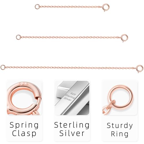 Rose Gold Necklace Extender Rose Gold, 925 Sterling Silver Necklace Extender Chain Bracelet Anklet Jewelry Extension for Women, 3 Piece Set (2, 3, 4 Inches) - color: RoseGold, size: 2 3 4 inch