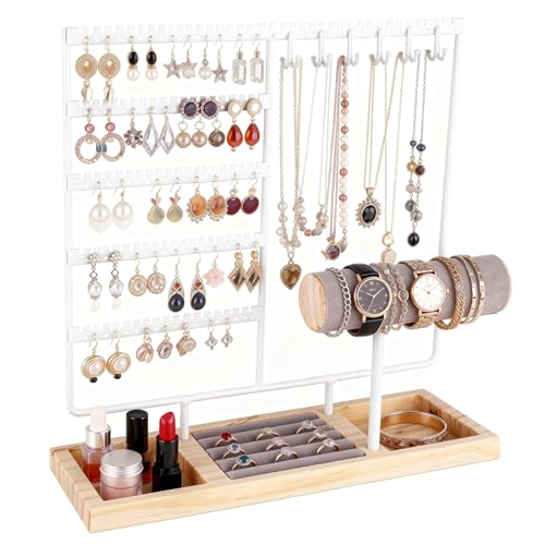 Ciormis Jewelry Stand Holder, 5 Tier Earring Holder Organizer with 72 Holes and 12 Hooks Jewelry Tower Necklace Tree Stand Hanger Bracelets Holder Storage with Ring Tray for Women Girls Gift (White) - color: White-new