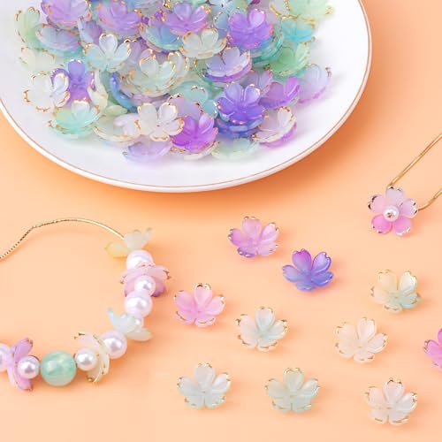 100pcs Cherry Blossom Beads, 5-Petal Gradient Acrylic Flower Beads, Mini Spacer Hair Accessories Halloween Christmas for Bracelets Earring Jewelry Making- Purple1 & Green - color: Purple1 & Green