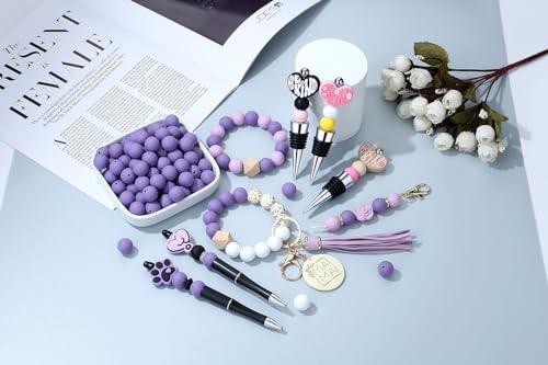 MAIBAOTA 120 Pcs Purple Silicone Beads 15 mm Purple Beads for Keychain/Pens/Bracelet/Necklace Making Focal Beads Loose Rubber Round Silicone Beads Bulk for Craft Making（with Boxed Kits） - color: Purple
