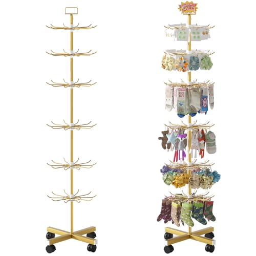 Retail Display Stand Store Display Rack 6 Tier Metal Spinning Display Stand Rack with Wheels Keychain Jewelry Stocking Hat Stand with Hooks for Malls, Showroom, Retail Store (6 Tier Gold) - color: 6 Tier Gold