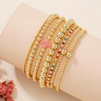 14K Gold Beaded Cross Beaded Bracelet Stack Set for Women,7PCS Bohemian Colorful Beads Ball Stretch Stackable Bracelets Trendy Holiday Birthday Gift - color: Pink