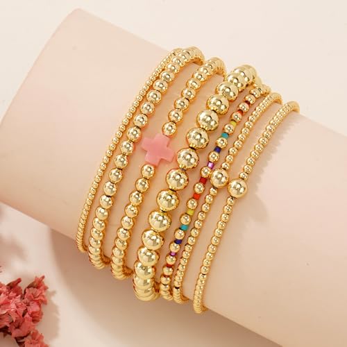 14K Gold Beaded Cross Beaded Bracelet Stack Set for Women,7PCS Bohemian Colorful Beads Ball Stretch Stackable Bracelets Trendy Holiday Birthday Gift - color: Pink