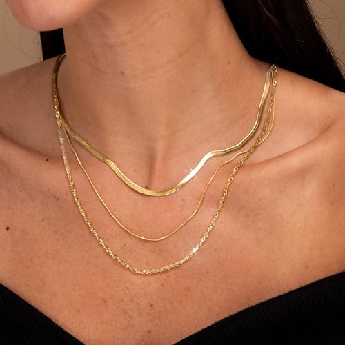 3PCS Gold Necklaces for Women,Chunky Statement Gold Plated Necklace Stack Layered Sterling Silver Herringbone Chains for Women Dainty Trendy Silver Chains Stacked Jewelry Gifts - color: gold dainty necklace set