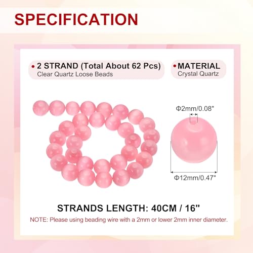 PATIKIL 12 mm Natural Clear Quartz Loose Beads, 2 Strands Crystal Round Stone Strand Beads Gemstone Loose Bead Spacer Beads for Jewelry Making DIY Necklace Bracelet, Pink - color: Pink, size: 12 mm
