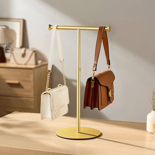 niffgaff 2 Pack 15‘’-24‘’ T Bar Purse Display Stand Tabletop: Adjustable Height Handbag Holder, Countertop Hanging Rack for Long Necklace Scarf Lanyard, Gold - color: Gold